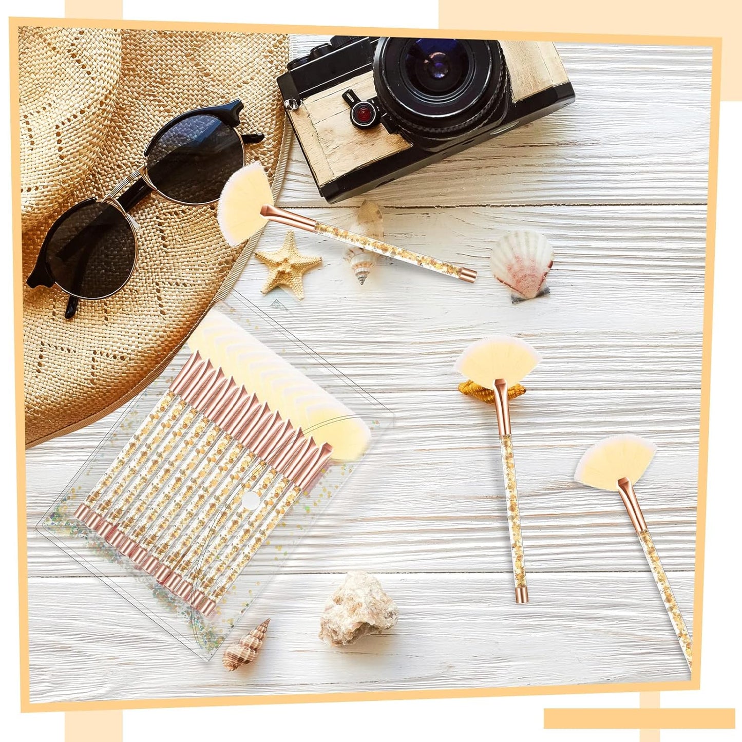 Nuenen 12 Pcs Soft Fan Facial Brushes Mask Acid Applicator Brush for Mud Cream Blush Makeup Peel Glycolic Multi Use Cosmetic Tools with Glitter Quicksand Handle and Pouch(Gold)