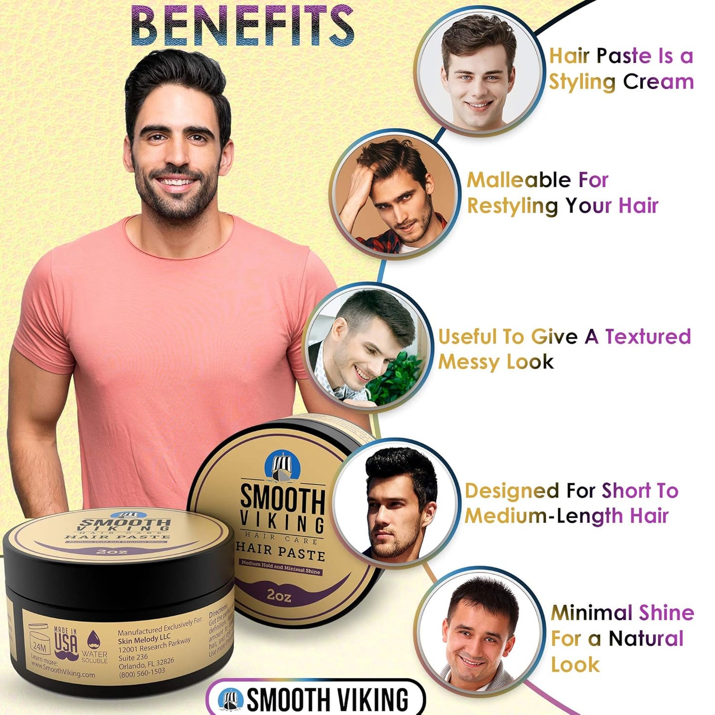 Smooth Viking Hair Paste for Men - Hair Styling Cream with Minimal Shine & Medium Hold Hair Products for Men, Hair Cream for Men, Styling Paste for Textured Messy Hairstyle - Made in USA, 2oz