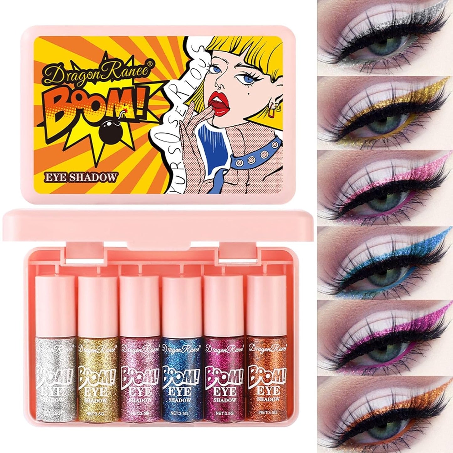 6 Pcs Liquid Glitter Eyeshadow Set Colorful Eyeliner with Long-Lasting and Waterproof Shinning Eye Shadow Gift for Women Eye Makeup (Boom Bomb)