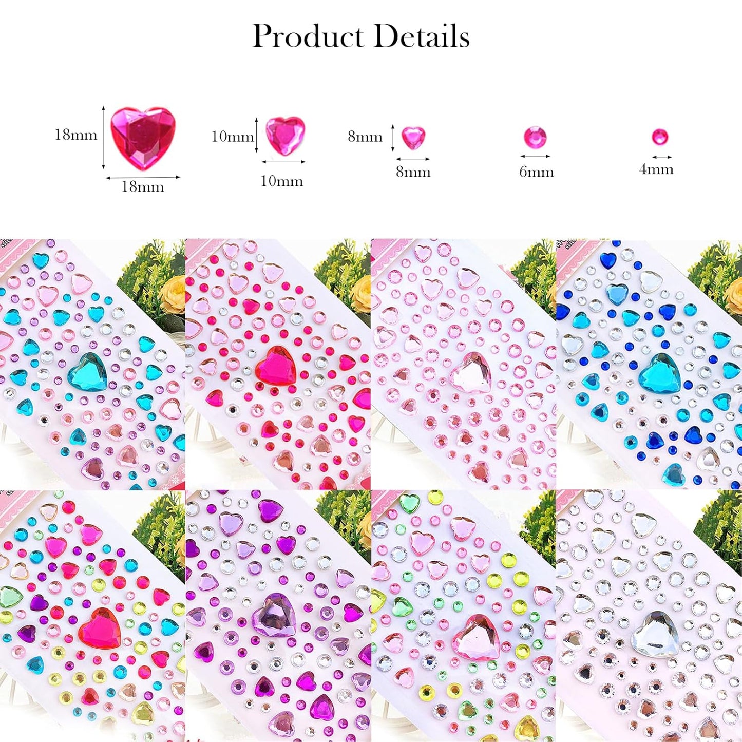 808 Pieces Heart Rhinestones Stickers Self Adhesive Flat-Back Acrylic Heart Gems Jewels Stickers for Makeup Body Eye Nail Hair Rhinestones, Wedding Valentine's Day Decor DIY Craft