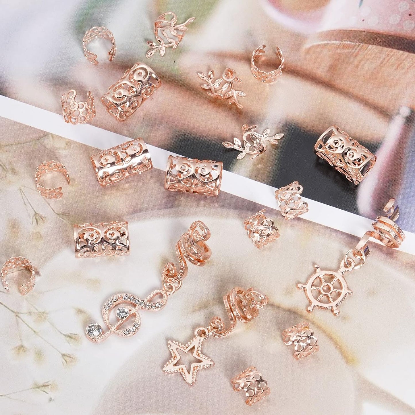 hoyuwak 40 Pcs Hair Jewelry for Braids Loc Dreadlock Accessories Hair Beads Clips Cuffs Charms Rings for Women Hairstyle Decoration Rave, Rose Gold