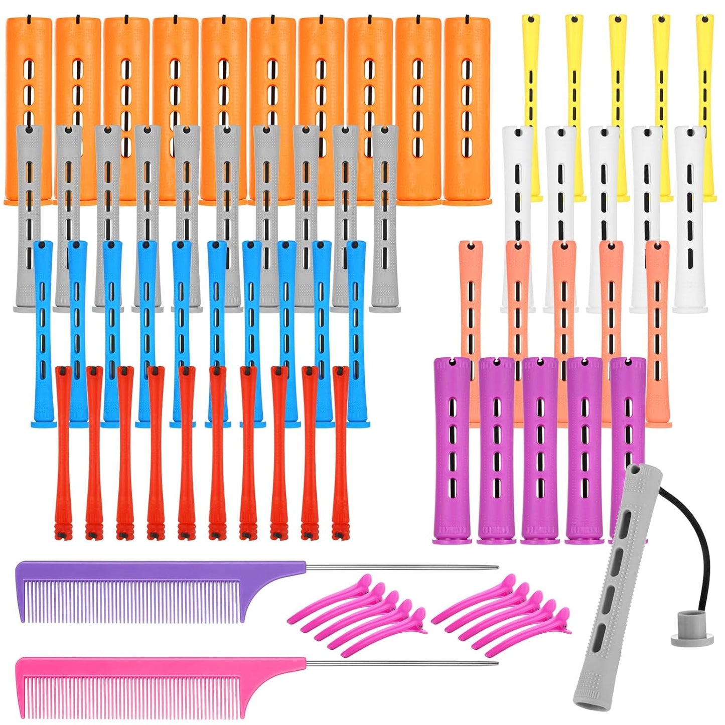 60 Pcs Perming Rods Set - 8 Sizes Cold Wave Rollers with Rat Tail Combs, Clips for Long and Short Natural Hair Styling, Hairdressing Kit