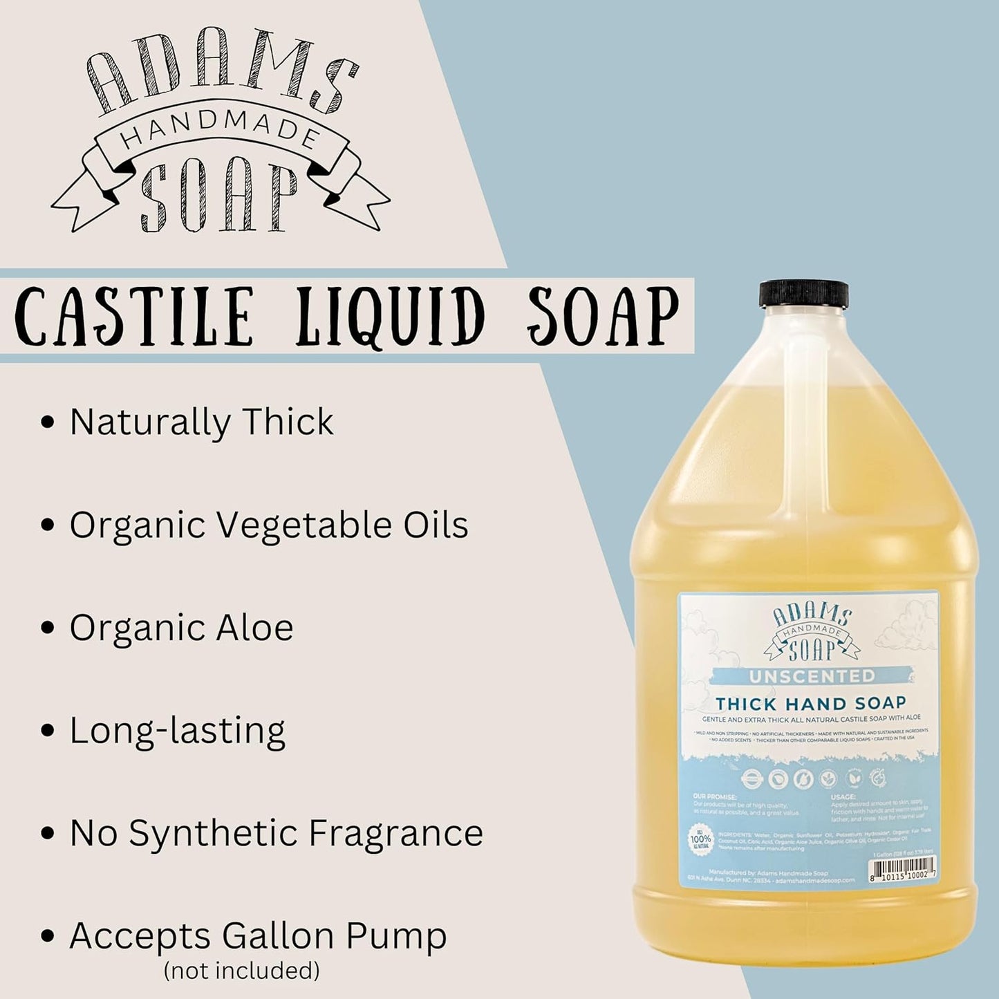 Adams Handmade Soap Thick Organic Castile Liquid Hand Soap 4 Gallon Refill- Unscented