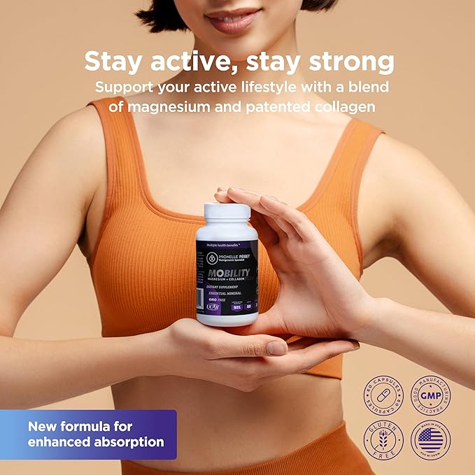 Mobility Magnesium + Collagen, Magnesium Citrate with Hyaluronic Acid & Vitamin C for Bone & Muscle Support, 60 Capsules