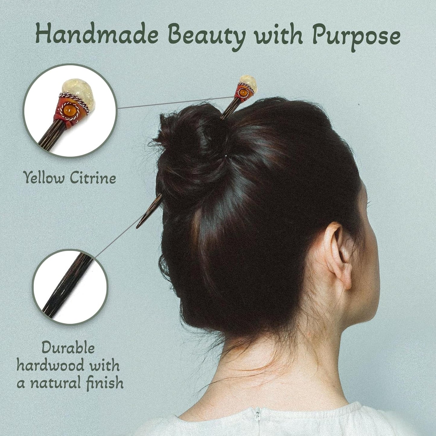 Mia Jewel Shop - Natural Tumbled Healing Gemstone Crystal Chonta Wooden Hair Sticks – Handmade Hair Sticks for Women | Hair Pins Boho Reiki Accessories, Fashion Gifts (Yellow Citrine)