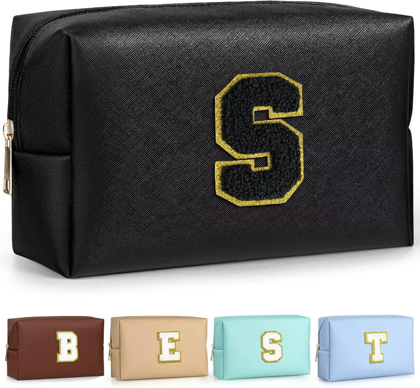 TOPEAST Initial Cosmetic Bag for Women, Preppy Small Makeup Bag, PU Leather Waterproof Toiletry Bag, Monogrammed Birthday Gifts for Women, Stuff for Girls (Black S)