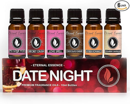 Eternal Essence Oils Date Night Set of 6 Premium Fragrance Oils - Includes PS I Love You, Amber Romance, Secret Crush, Chocolate Fondue, Strawberry Champagne, and Love Spell Scented Oils - 10ML