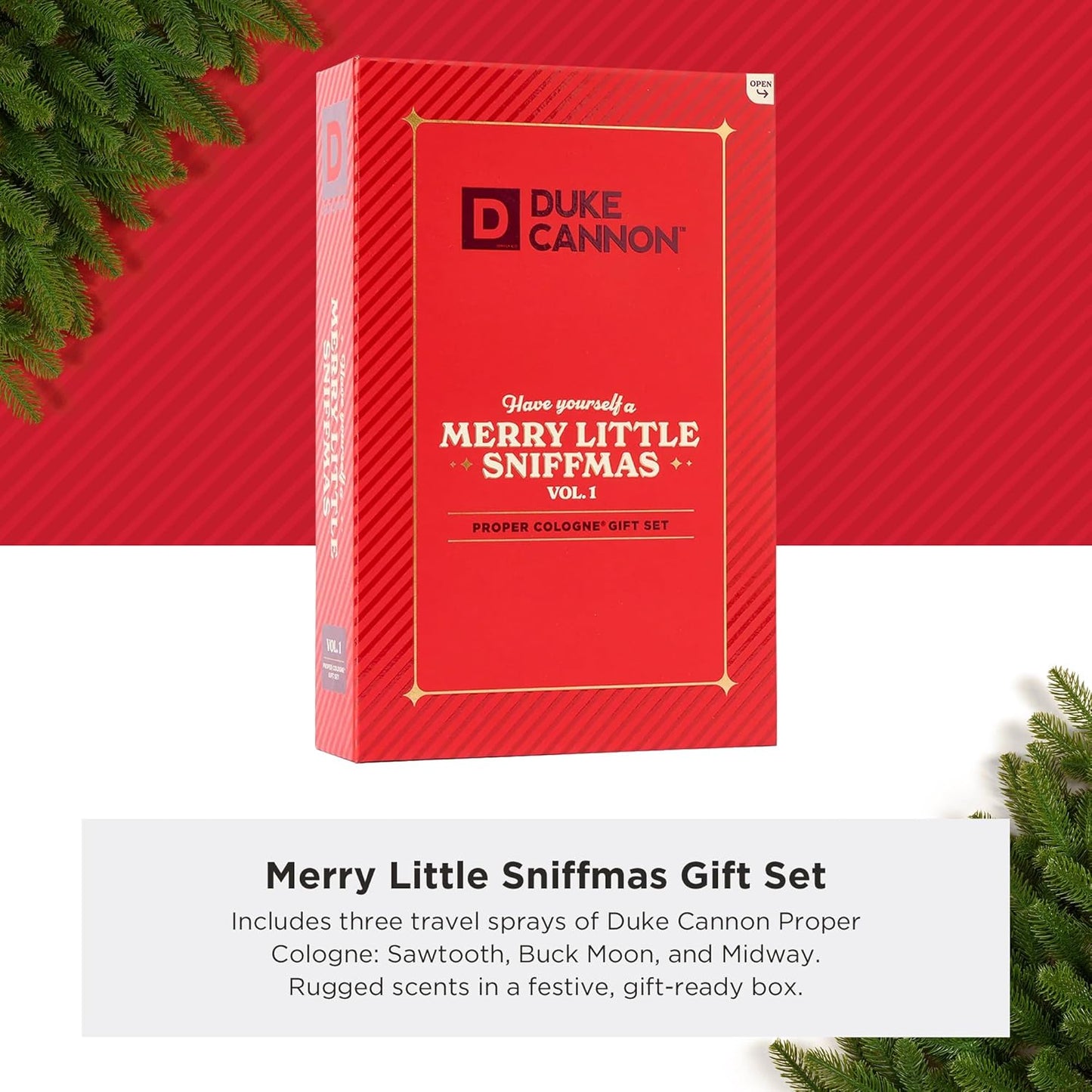 Duke Cannon Merry Little Sniffmas Giftset - travel-sized trio of Duke Cannon Proper Cologne® - Holiday Cologne Gift Set - eau de parfum - Sawtooth, Buck Moon, Midway