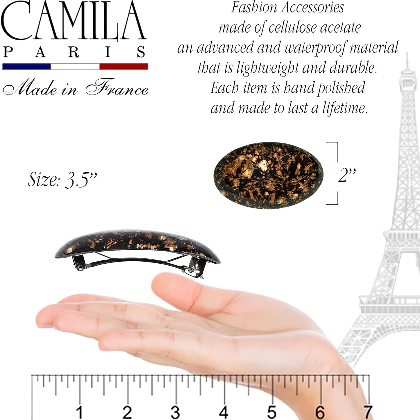 Camila Paris CP3869 French Hair Barrette Clip Oval Brown and Gold, Strong Hold Grip Hair Clips for Women, No Slip Rubberized Metal Closure, Durable Styling Girls Hair Accessories, Made in France