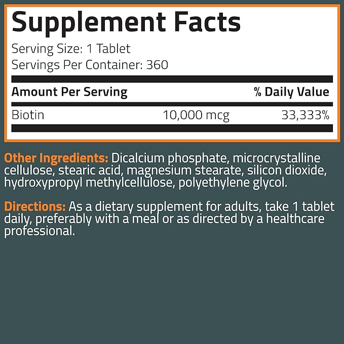 Bronson Biotin 10,000mcg, Supports Healthy Hair, Skin and Nails, Vegetarian, Non-GMO, 360 Tablets