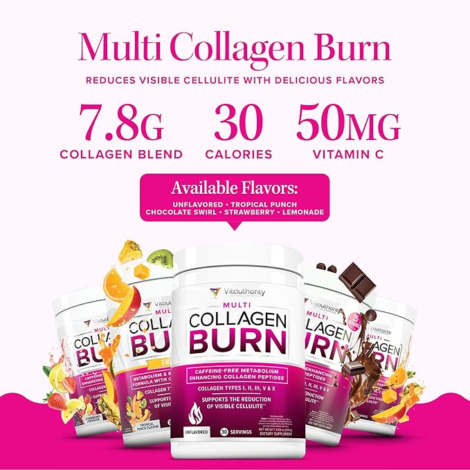 Multi Collagen Burn: Hydrolyzed Protein Peptides with Hyaluronic Acid, Vitamin C, SOD B Dimpless, Types I, II, III, V and X, Caffeine-Free Strawberry Lemonade Flavored 30 Servings