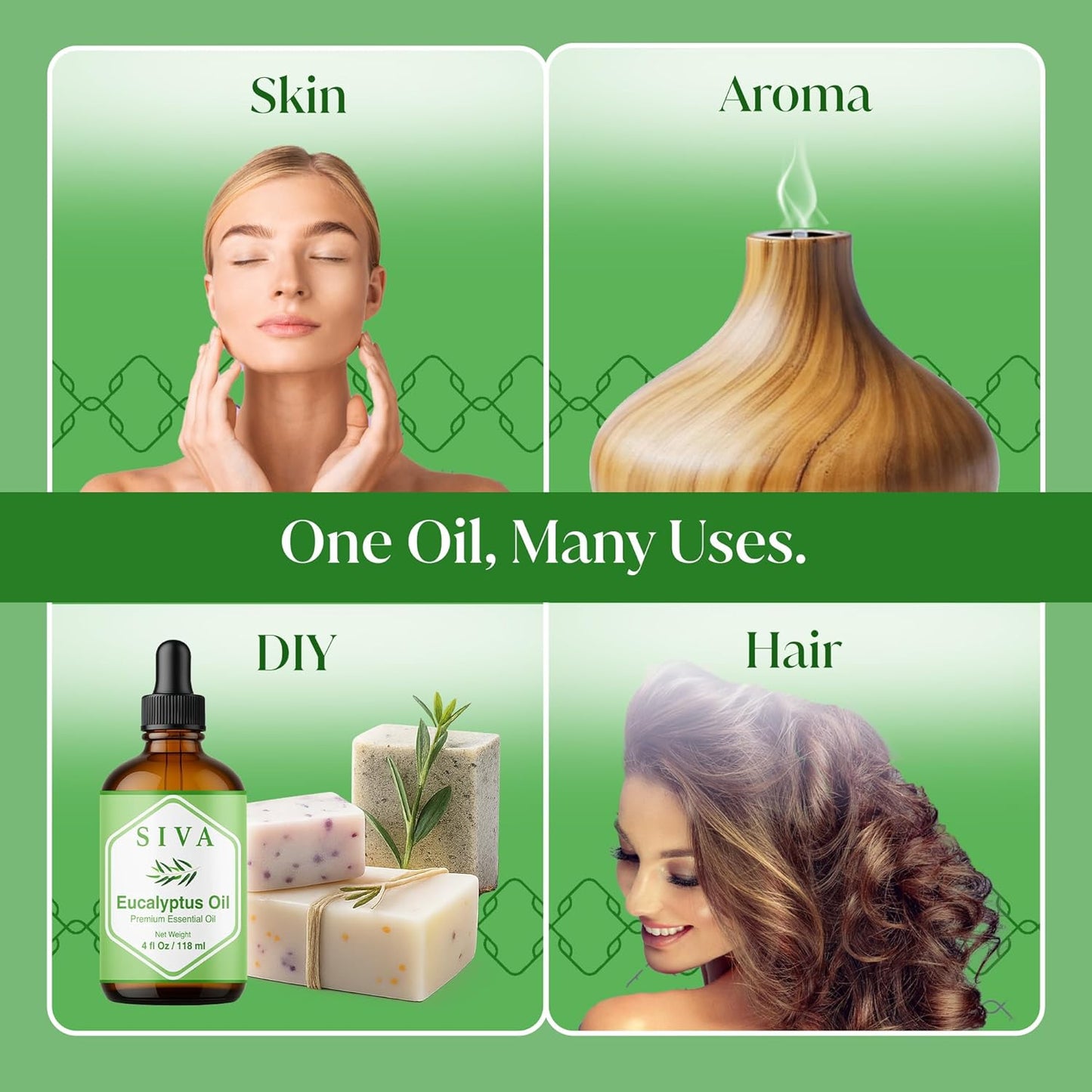 Siva Eucalyptus Essential Oil - 4 Fl Oz – 100% Natural Eucalyptus Oil - for Diffuser, Face, Skin Care, Aromatherapy, Hair Care, Scalp and Body Massage - with Dropper