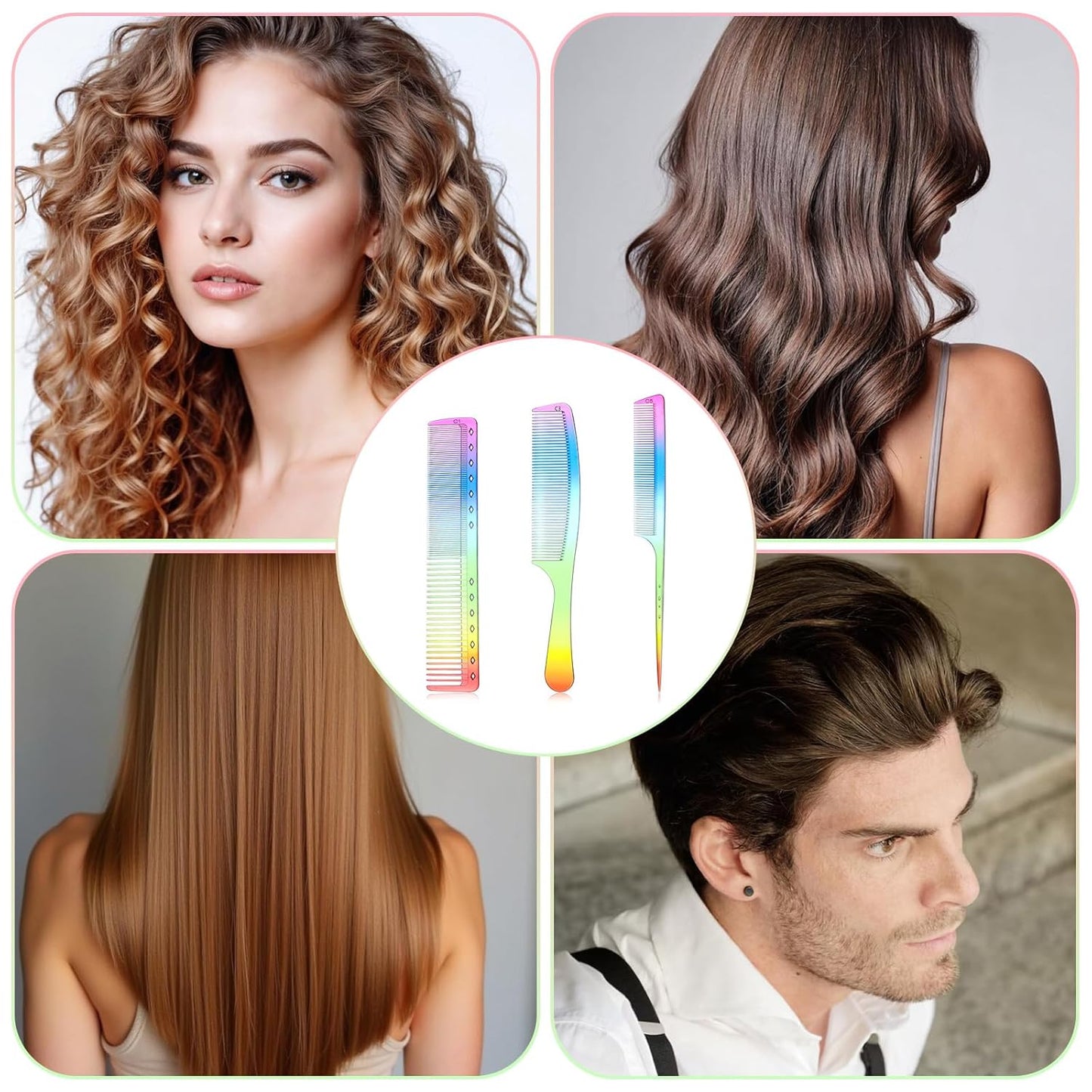 3 Pcs Rainbow Hair Comb, Heat-Resistant Fine Tooth Comb Rat Tail Combs Styling Combs Beard Combes Mustache Combes Hairdressing Tools for Women Men Hairs Stylist Barber Salon All Hair Types