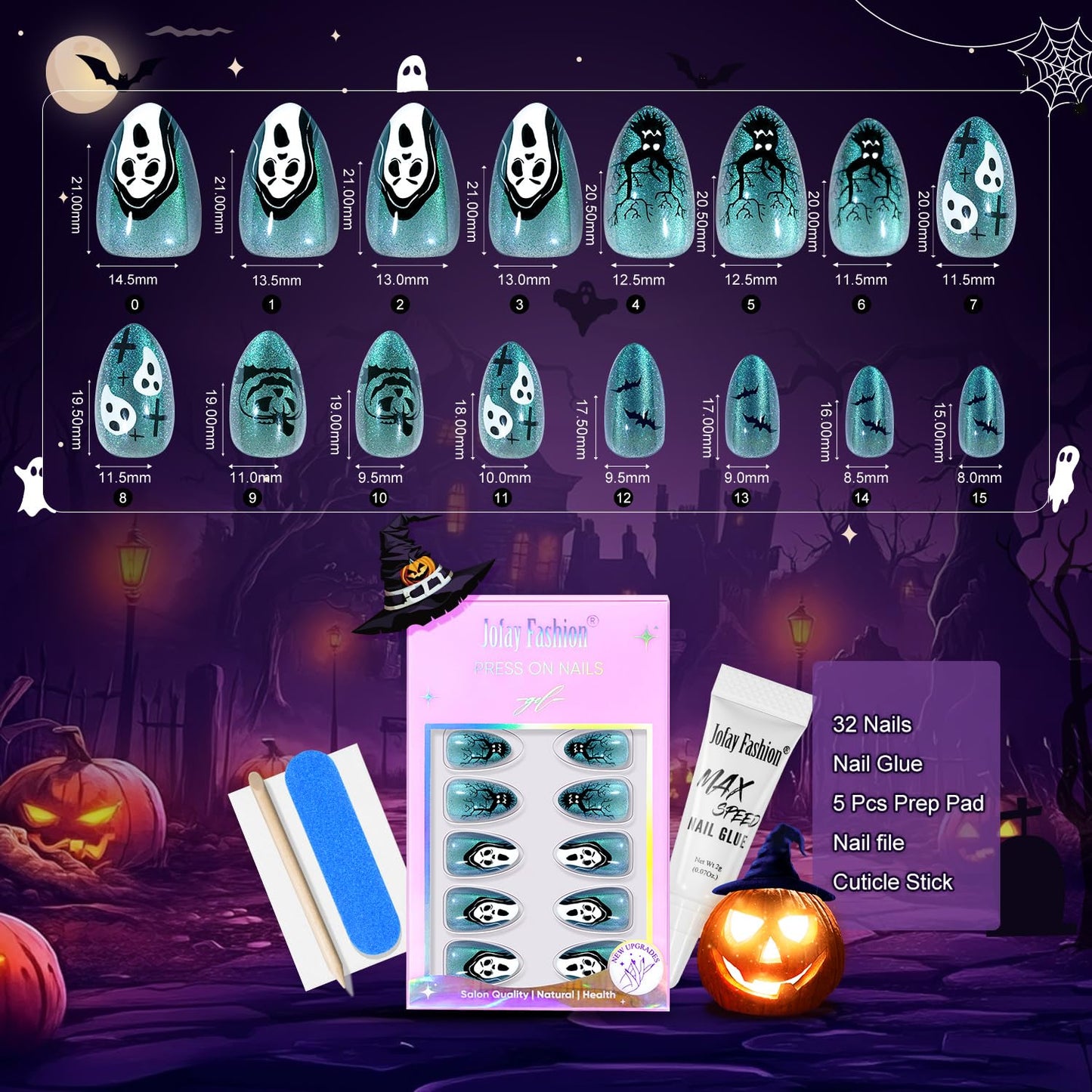 Halloween Press On Nails Short Almond - Haunted Harvest, Green Cat Eye Halloween Nails, Acrylic Square Halloween Fake Nails with Nail Glue, Stick On Nails in 16 Sizes - 32 PCS Soft Gel Kit