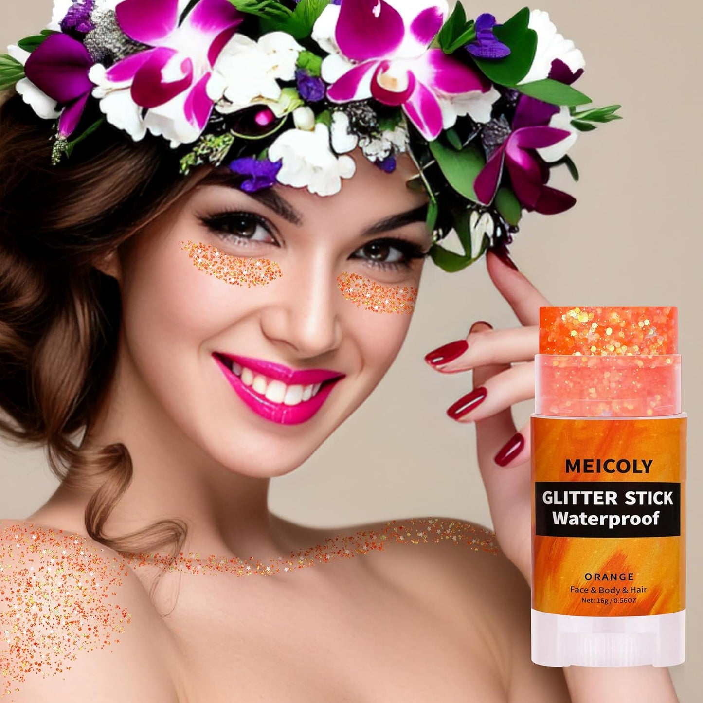 MEICOLY Orange Face Body Glitter Stick,Hair Glitter Stick for Kids and Women,Sparkle Chunky Glitter Makeup,Waterproof Face Glitter for Party Rave Festival