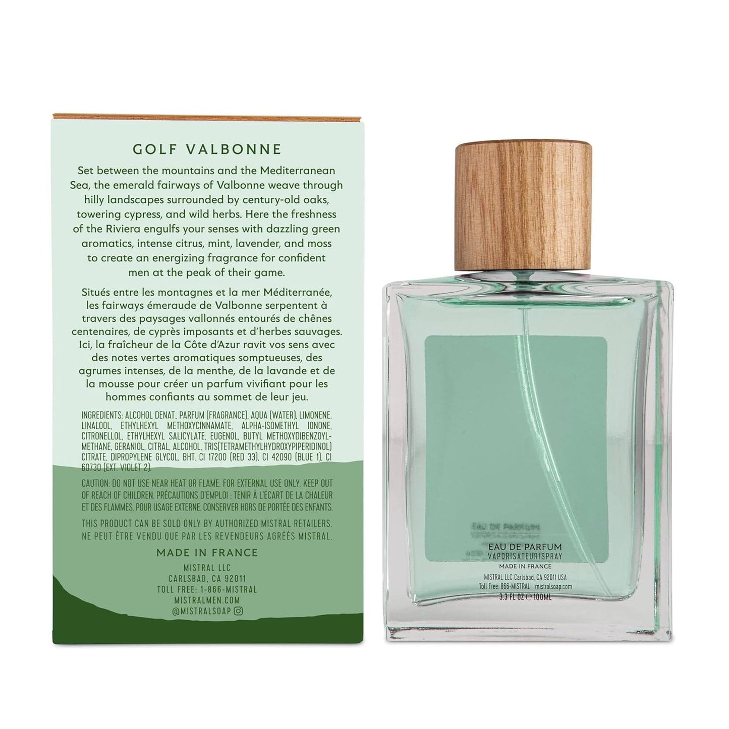 Mistral Men's Cologne - Golf Valbonne Eau de Parfum Spray | Long-Lasting Fresh Green & Citrus Fragrance with Bergamot, Mint & Moss | Cruelty-Free French Cologne for Men | Made in France - 3.4 Oz