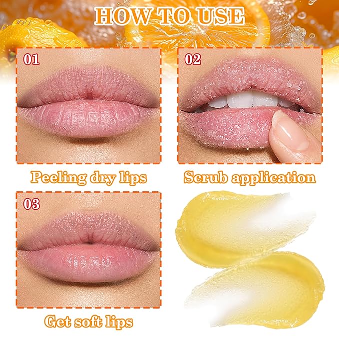 2 Pack Orange Lip Scrub Set,Long Lasting Moisturizing Lip Scrubber Exfoliator, Cleansing Hydrating Lip Exfoliator Scrub and Moisturizer Kit for Chapped Dry Lips