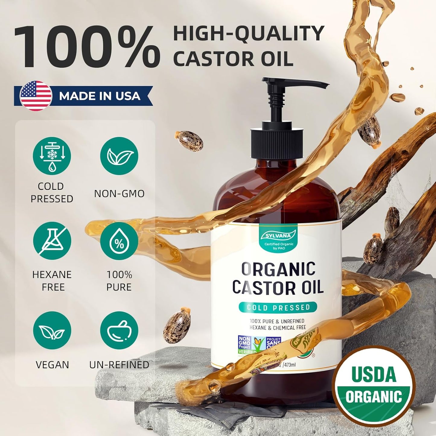 SYLVANA Organic Castor Oil with Pump (16oz Glass Bottle), USDA Certified Organic, Cold Pressed, Hexane Free, Vegan - 100% Pure Castor Oil for Hair Growth, Nourishing Skin, Lashes & Eyebrows