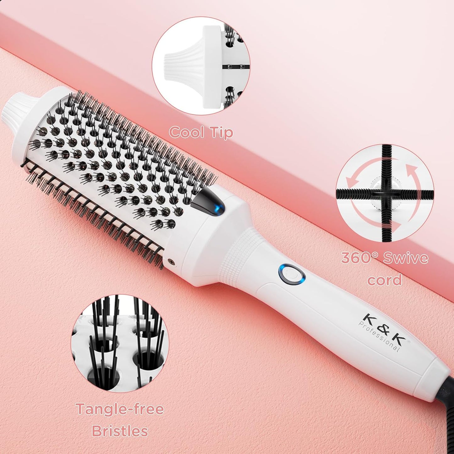 K&K Thermal Brush, White 1.77 Inch Heated Round Brush, Professional Heated Curling Ceramic Tourmaline Ionic Curling Iron, Hot Styling Volumizing Comb, Dual Voltage