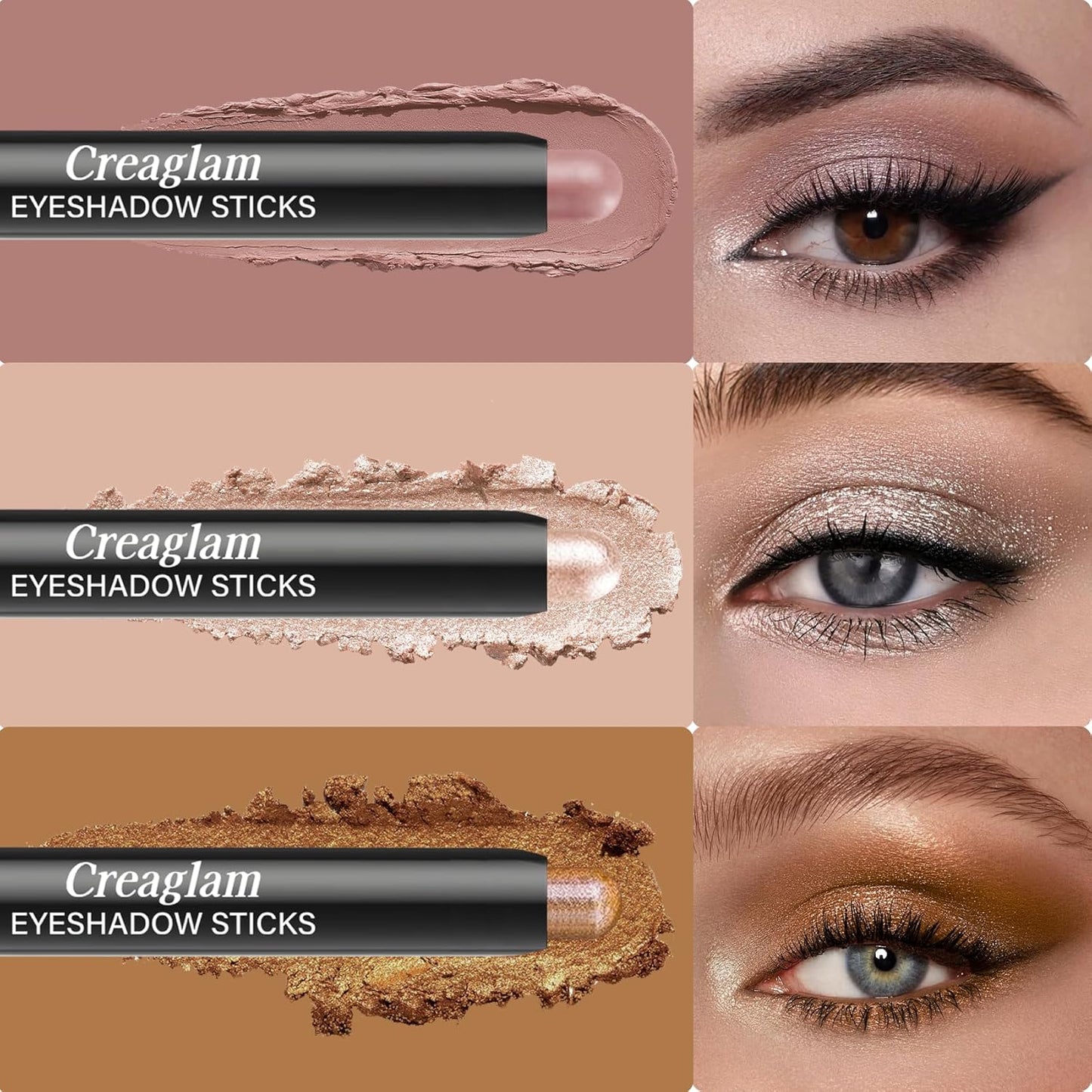 Eyeshadow Stick 3Pcs Set, Waterproof & Crease-Proof, Easy Blendable Makeup Pencil for Beginners, Color Includes Matte Dusty Pink & Shimmer Peach & Fenugreek, 1.9g Each Stick