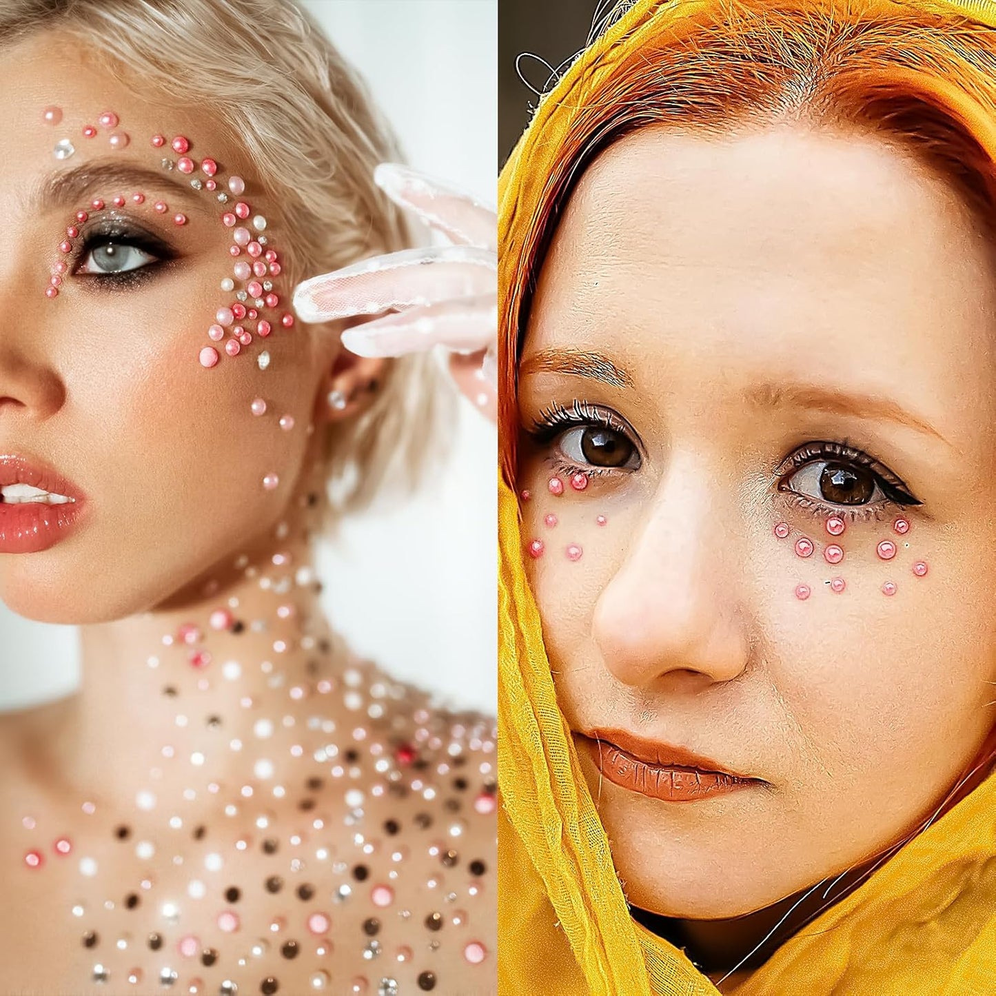 Self Adhesive Face Gems and Pearls for Makeup, Festival Jewels, Hair Gems, Rhinestone Stickers for Face, Eye, Makeup, Nail, Body, Crafts 3/4/5/6 mm 975Pcs (22.Pearl_Pink)