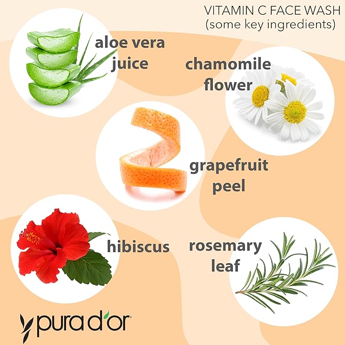 PURA D'OR 8 Oz Vitamin C Face Wash - Antioxidant Rich Facial Cleanser For Radiant Glow & Even Skin Tone - Gentle, Refreshing, Nurturing, Hydrating - Sulfate & Paraben Free - All Skin Types