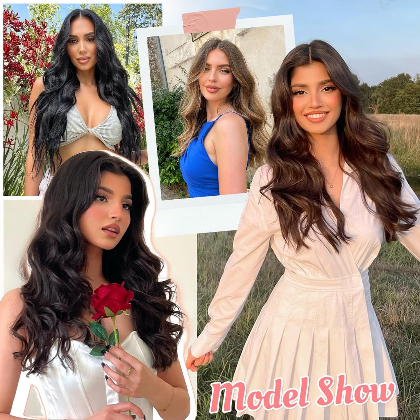 Synthetic Clip in Hair Extensions, 6 PCS 1 6 Inch Hair Extensions Clip Ins, Black Long Wavy Hairpieces(16inch, 6pcs, Black)