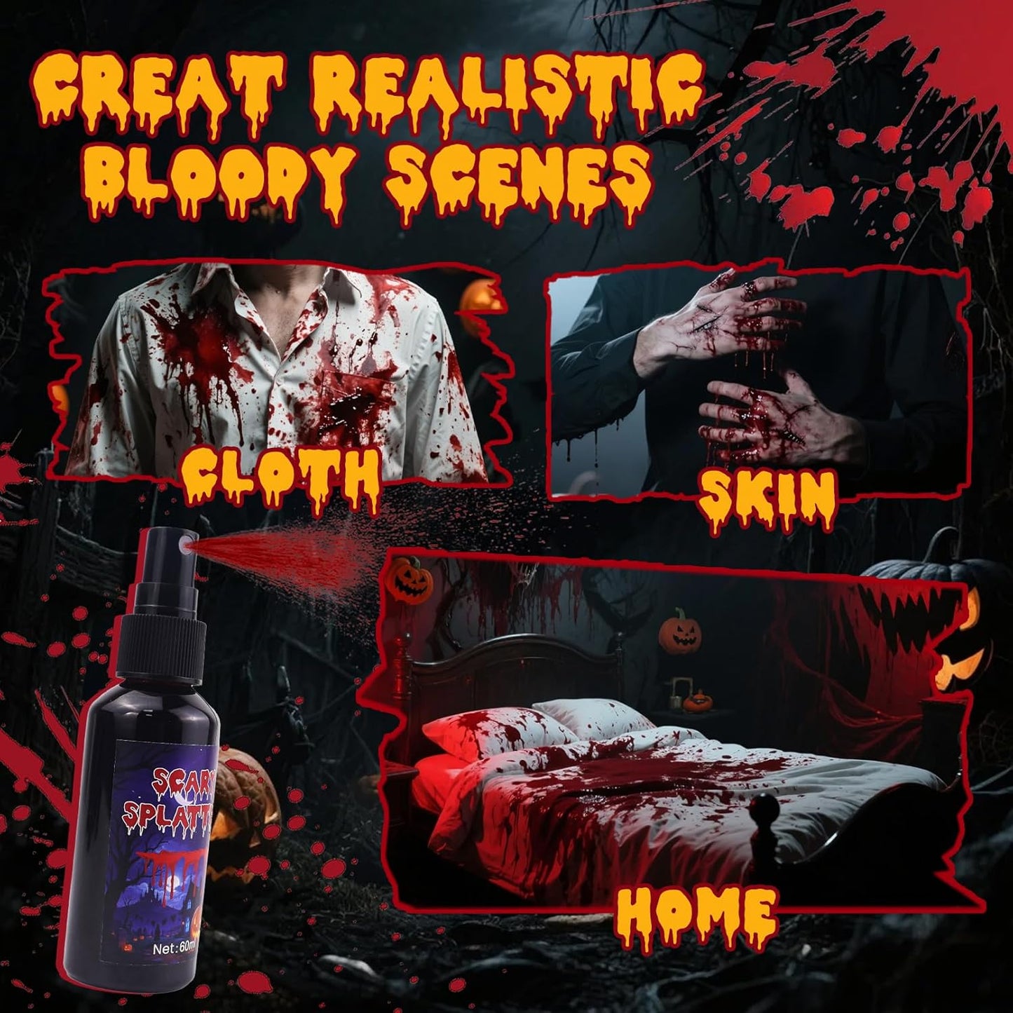 Fake Blood SFX Makeup Kit – 3 Pack Special Effects Halloween Blood Set [1.06oz Coagulated + 2.03oz Dripping + 2.03oz Spray] – Washable Vampire Blood for Face, Body, Clothes