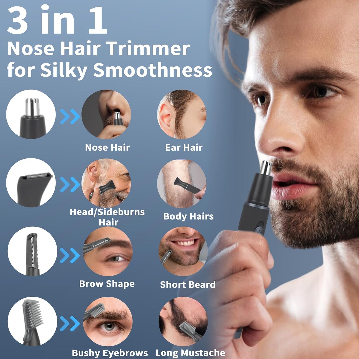 Nose and Ear Hair Trimmer for Men, Rechargeable 3 in 1 Hair Trimmers for Nose Ear Eyebrow & Body Detail Hair Removal, No Pull No Snag Men's Grooming with High Speed, 3 Heads