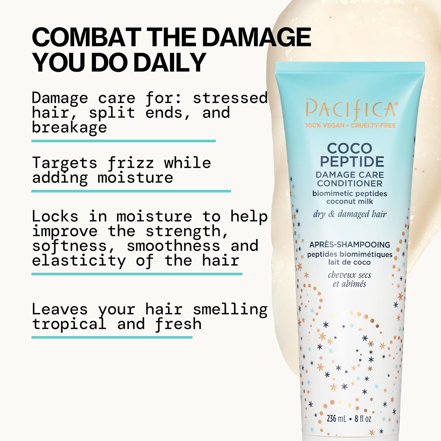 Pacifica Coco Peptide Damage Care Shampoo & Conditioner Set – Repairing Hair Care for Dry Damaged Hair Vegan Collagen & Peptides for Split Ends & Breakage Sulfate Free Clean Vegan Dermatologist Tested