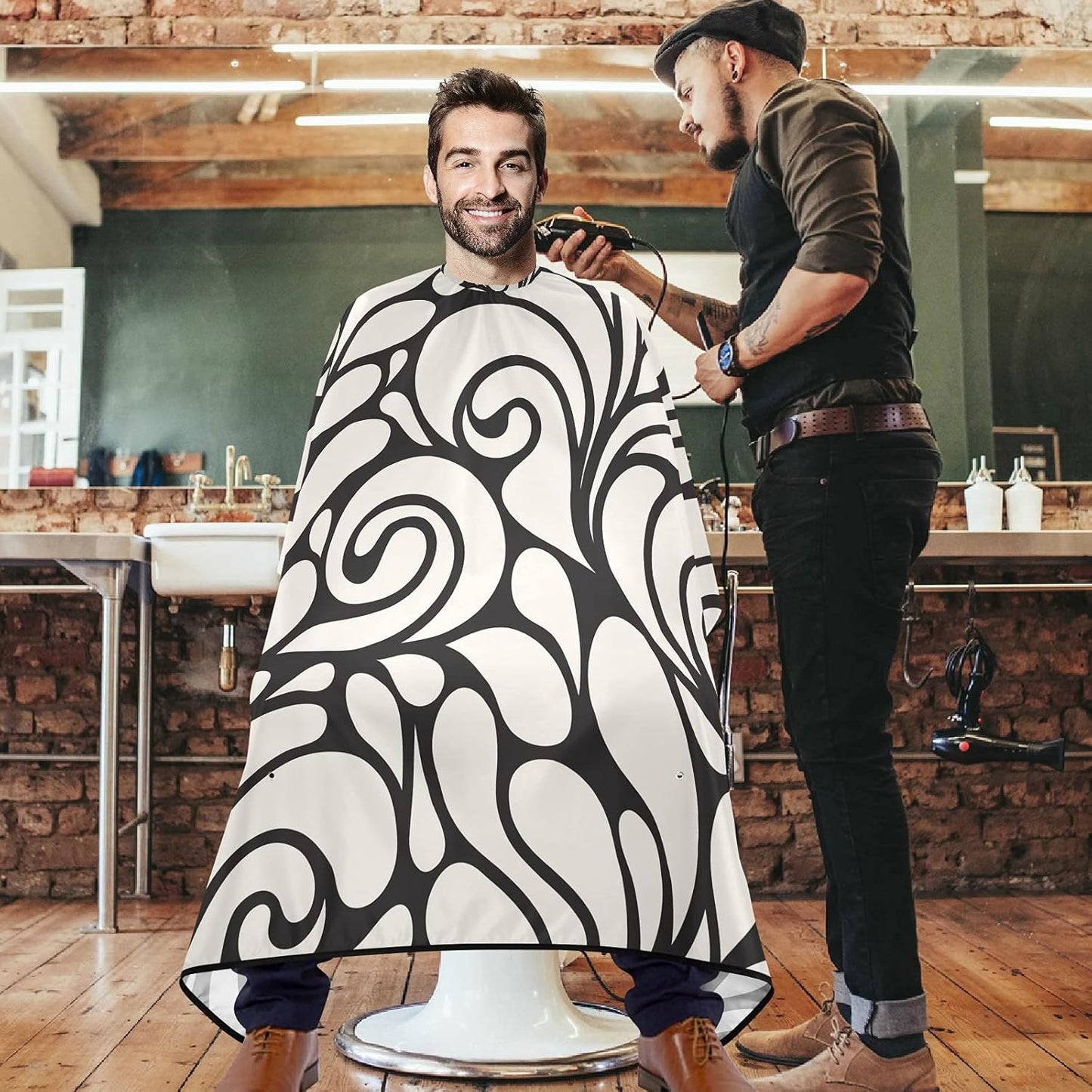 visesunny Barber Cape Black Background Pattern2 Polyester Hair Cutting Salon Cape Apron Anti-Static Haircut Water-Resistant Shaving Cloth Beard Shaving Bib Hairdressing Cape