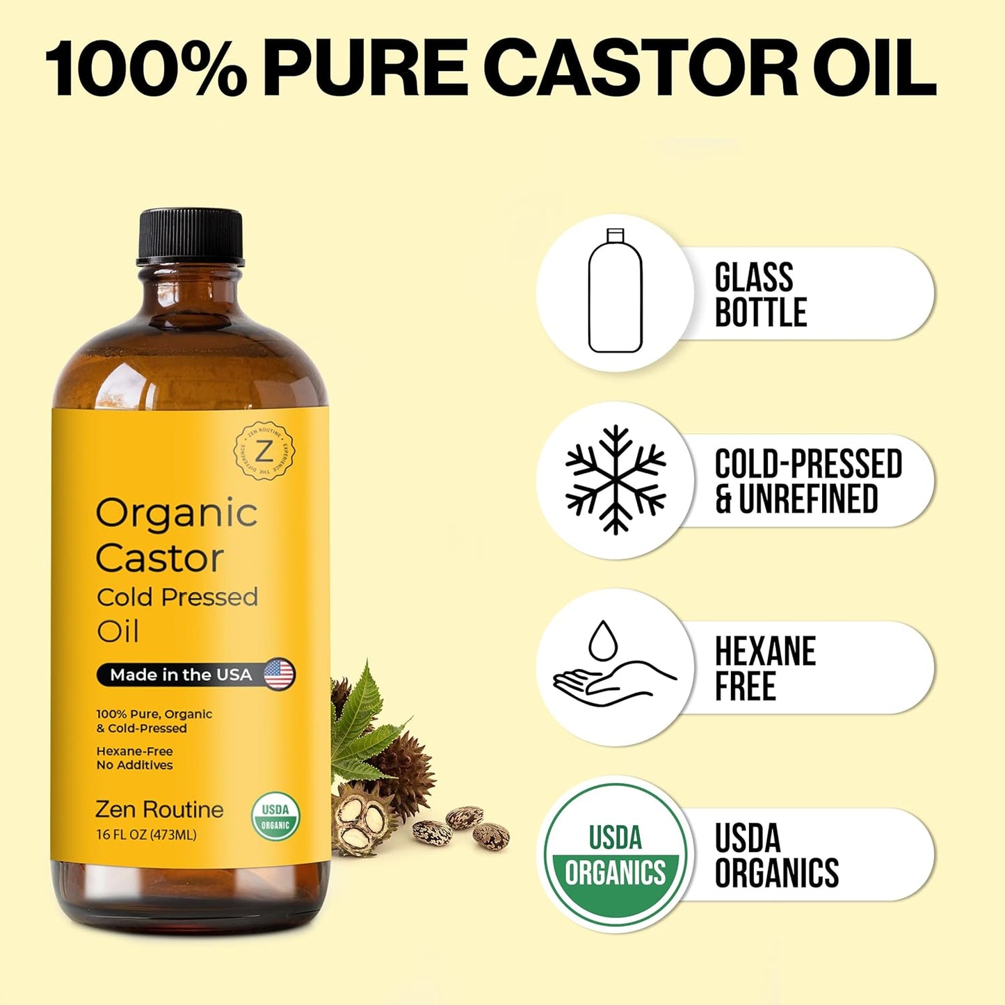 Zen Routine Organic Castor Oil (Glass Bottle - 16oz / 2-Pack) Hexane Free – Hair Growth Oil, Eye Lashes & Stomach, Pure 100% Cold Pressed Unrefined Castor Pack Wrap – USDA Certified, Made in the USA