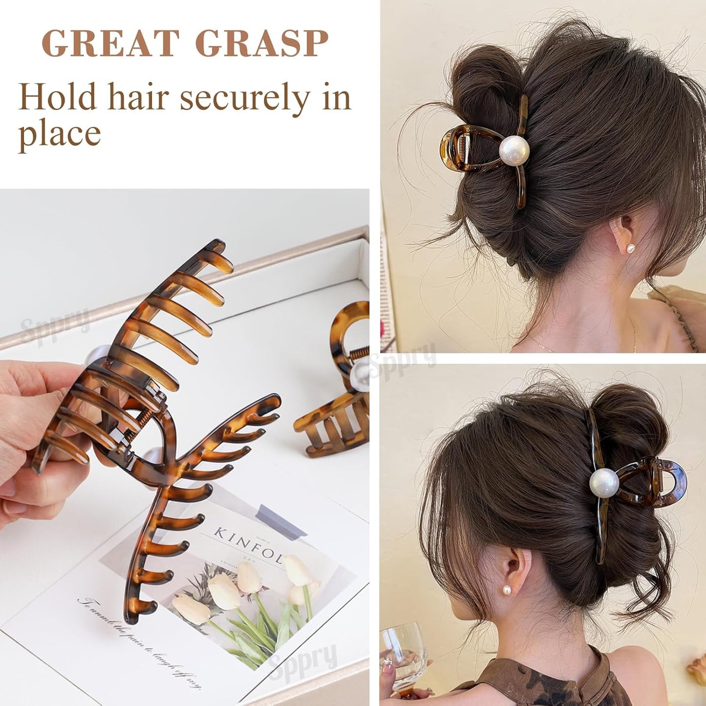 Elegant Pearl Hair Claw Clips for Women Thin Hair, Set of 3, Brown & Black (Medium 3 Inch)