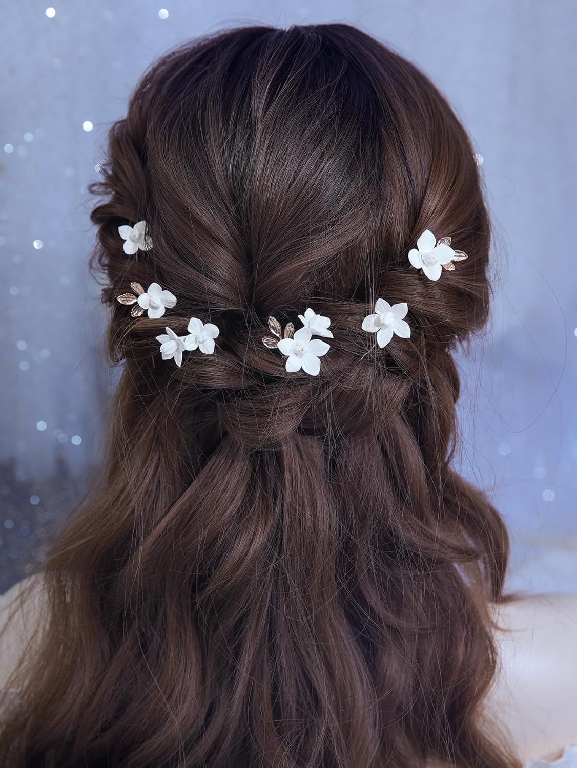 Handmade Bridal Wedding Hair Pins 7 Pcs Polymer Clay White Flower Hair Clips Gold Wedding Hair Accessories for Women Bride Bridesmaid