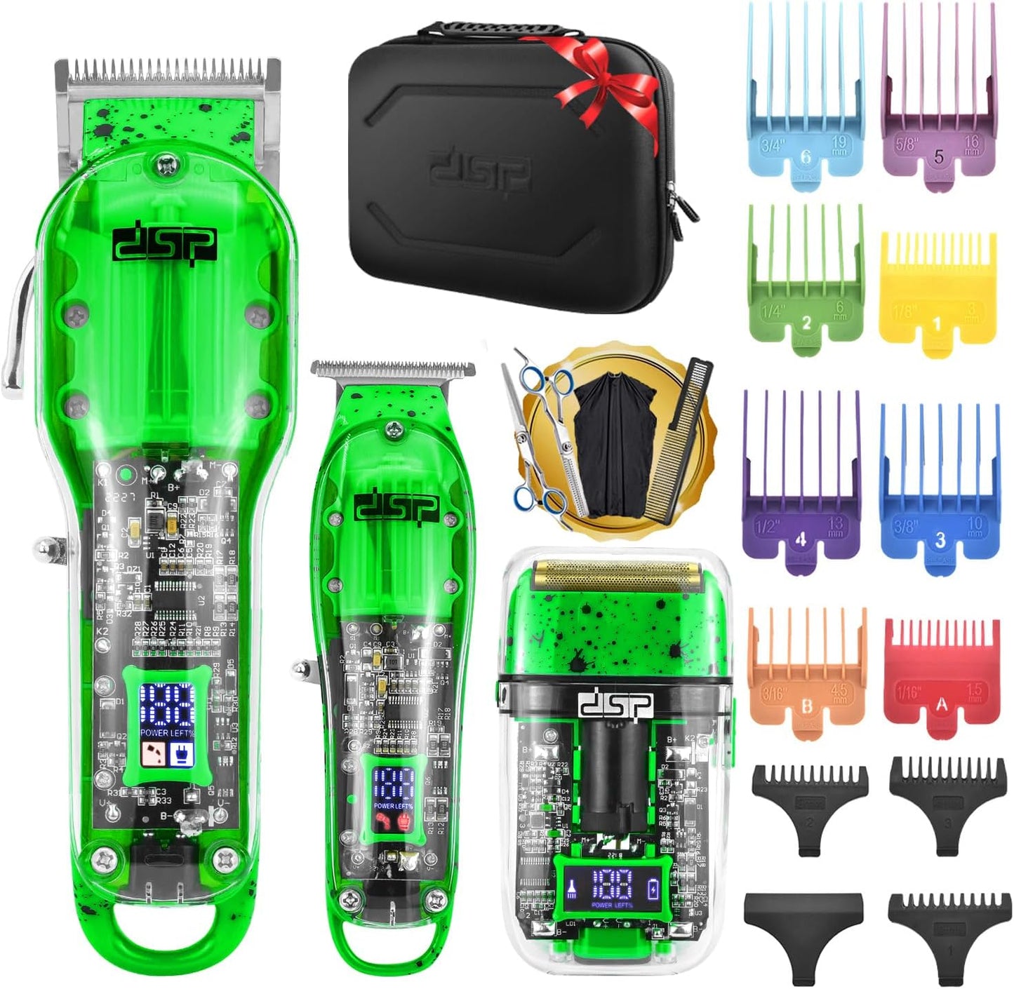 DSP Hair Clipper, Trimmer, Shaver Kits for Men Professional Barber Clipper and Trimmer Sets with Travel Case, Rechargeable, LED Display, Green