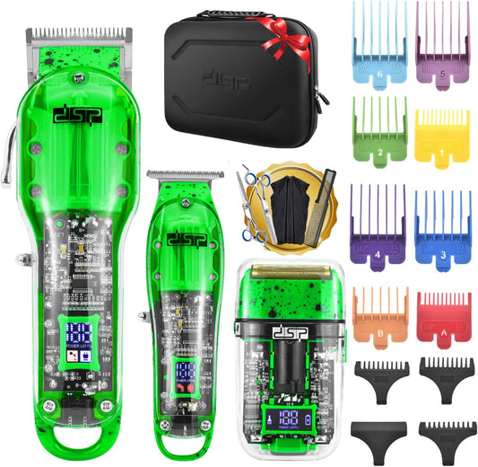 DSP Hair Clipper, Trimmer, Shaver Kits for Men Professional Barber Clipper and Trimmer Sets with Travel Case, Rechargeable, LED Display, Green