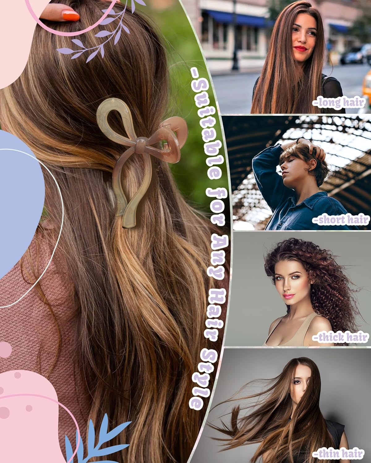 4 PCS Bow Hair Clips Bow Claw Clip for Women Nonslip Large Hair Claw Clips for Thin and Thick Hair Strong Hold Hair Bows (Black+Light Brown+Off-White+Dark Brown)