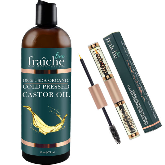 Live Fraiche Organic Castor Oil (16oz) + Filled Mascara Tube - 100% Pure Hexane Free Cold Pressed Castor Oil for Skin and Face - Hair Growth for Eyelashes and Eyebrows Scalp & Hair Treatment Oil