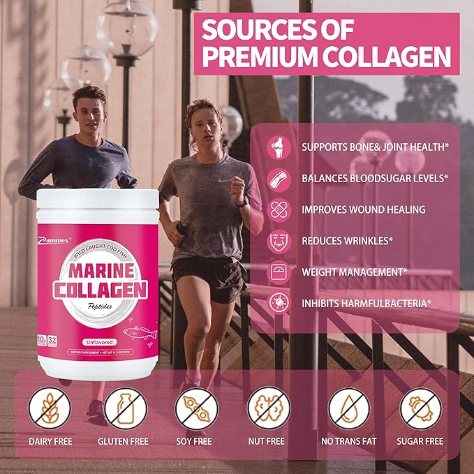 Zammex Marine Collagen Peptides, Non-GMO Wild Caught Fish Collagen Peptide,Unflavored Hydrolyzed Peptides (Type 1 & 3) for Skin, Hair, Joints & Bones,Easy to Mix, 32 Servings