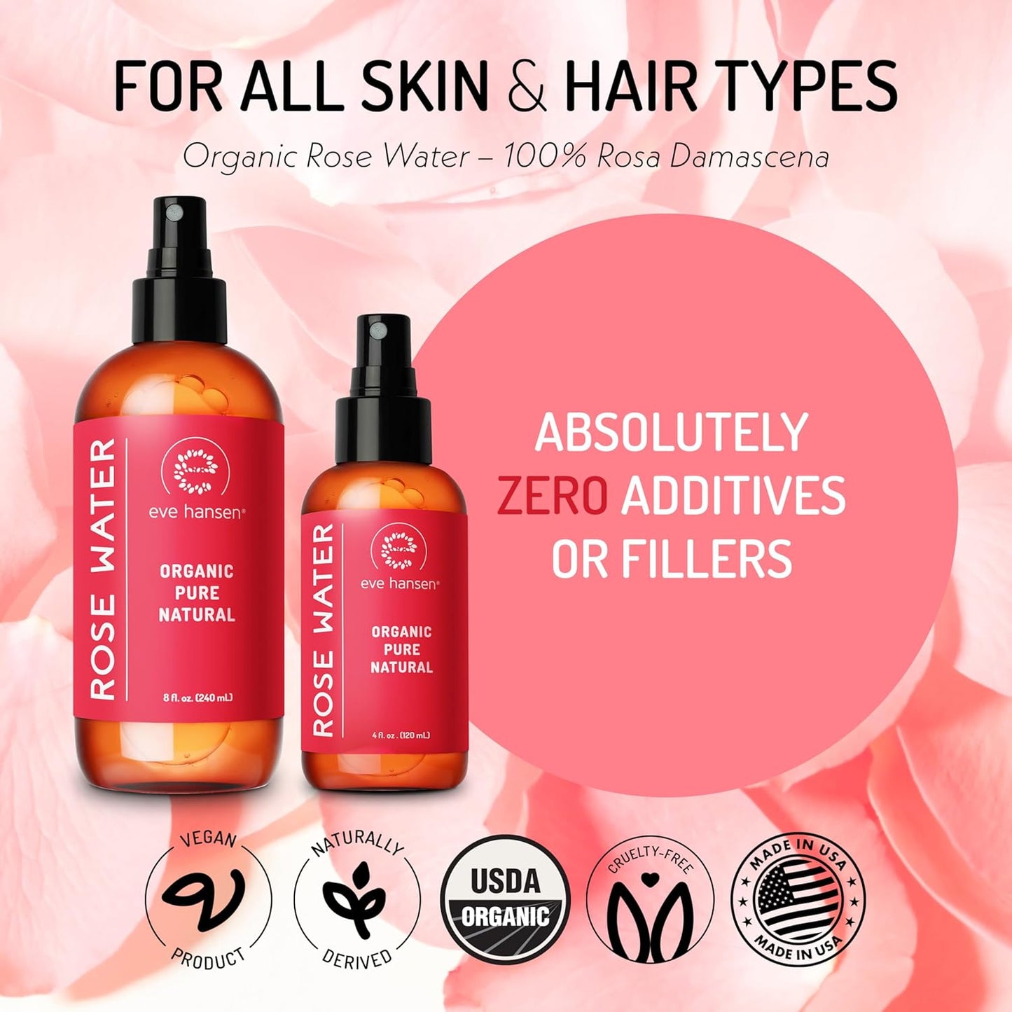 Eve Hansen Organic Rose Water Spray for Face | Huge 8 oz Moroccan Rosewater Face Toner and Makeup Setting Spray | Soothing Neck and Face Mist to Reduce Eye Puffiness, Dark Circles and Redness