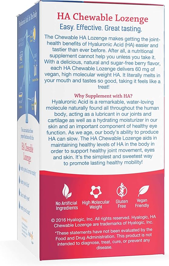 Hyalogic Hyaluronic Acid Chewable Lozenge - Chewable Tablets for Skin Care & Eyes – Vegan, Sugar-Free and Berry Favored Hyaluronic Acid Supplements (60 Count)