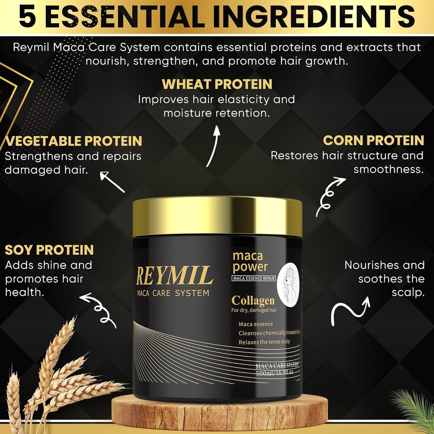 REYMIL-Collagen hair mask - hair treatment for dry damaged hair - Collagen Hair Treatment Deep Repair Conditioning Argan Oil Shine and Softness for Healthy Hair -16.9onz mascarilla para el cabello