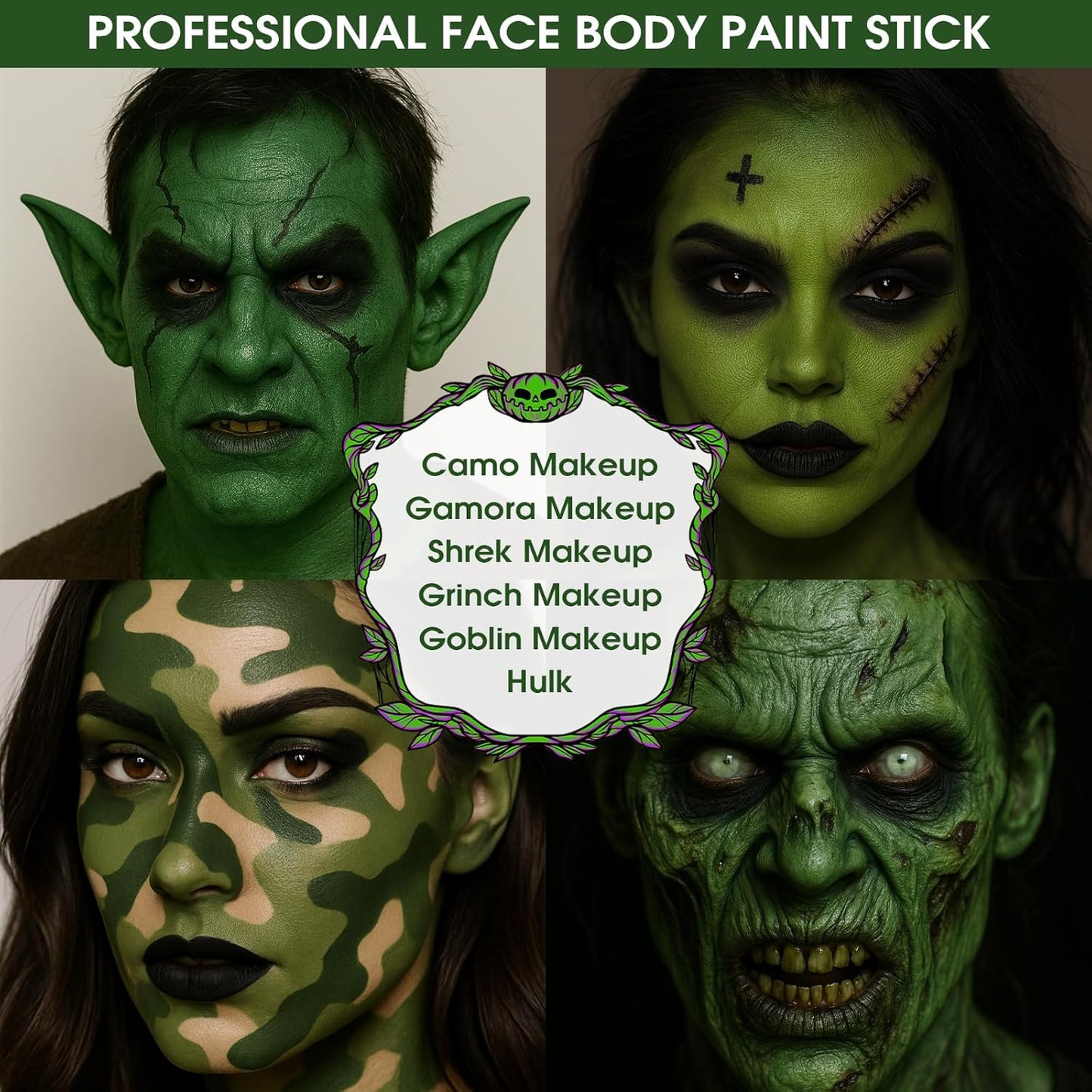 BADCOLOR Green Face Body Paint Stick, St Patrick's Day Blendable Eye Black Deep Green Face Painting Kit for Sports Camo, Halloween SFX Makeup Cosplay Joker Zombie Vampire Costume Parties