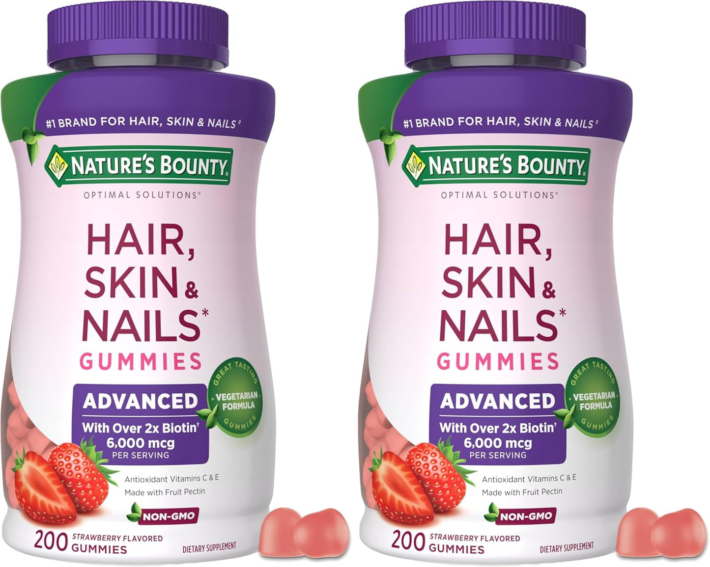 Nature's Bounty Optimal Solutions Advanced Hair, Skin and Nails Pectin Gummies, 2X Biotin Per Serving, No Stick Gummy, Vegetarian Formula, Strawberry Flavor, 200 ct, 100 Total Servings (Pack of 2)
