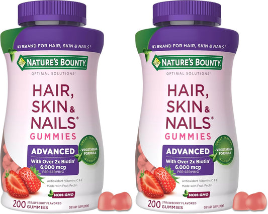 Nature's Bounty Optimal Solutions Advanced Hair, Skin and Nails Pectin Gummies, 2X Biotin Per Serving, No Stick Gummy, Vegetarian Formula, Strawberry Flavor, 200 ct, 100 Total Servings (Pack of 2)