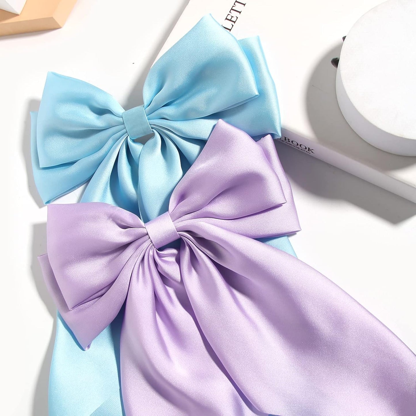 SUSULU Blue Hair Bow Clips for Women Lilac Big Bows Metal Clips French Barrette with Long Tail Satin Ribbon Hairpin Lady Barrettes Scrunchies Ponytail Accessories 2pcs