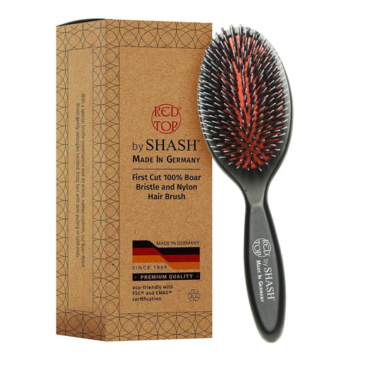 SHASH Since 1869 Hand Made In Germany - Nylon, 100% First Cut Boar Bristle Brush Suitable For Normal to Thick Hair - Gently Detangles, No Pulling or Split Ends - Softens Improves Texture, (Medium)