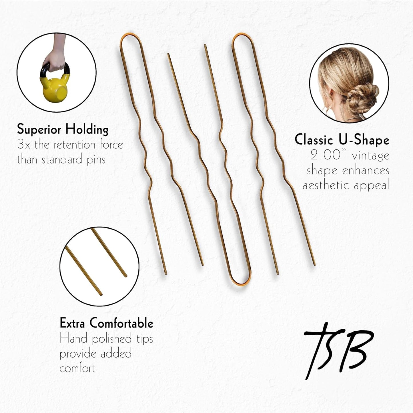 TSB NUSA No.2 Flexible Bronze Hair Pins Set of 50-2.0 Inch Pins Vintage Style, Strong Hold, Comfortable & Sleek Design - Hand Polished Tips - Ideal for Beauty Experts & Hairstyling Professionals