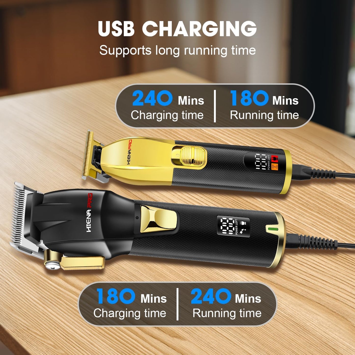 HIENA PRO Professional Hair Clippers Set for Men, Cordless Barber Kit for Haircut, Clippers and Trimmers Set, Hair Cutting Kit with LED Display & Rechargeable USB, Gifts for Men (Black Gold)