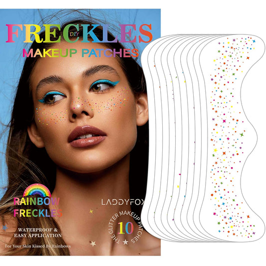 10 Pcs Colorful Glitter Freckles Face Tattoos, Multichrome Rainbow Glitter Freckles Face Tattoos, Waterproof and Long-lasting Face Temporary Tattoos for Women